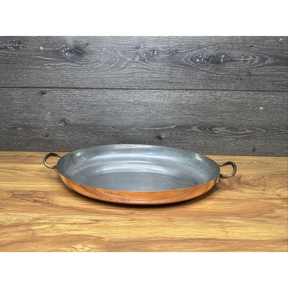 Vintage Old Dutch Copper Oval Gratin Pan Roaster Portugal Brass Handles 13.5x9.5